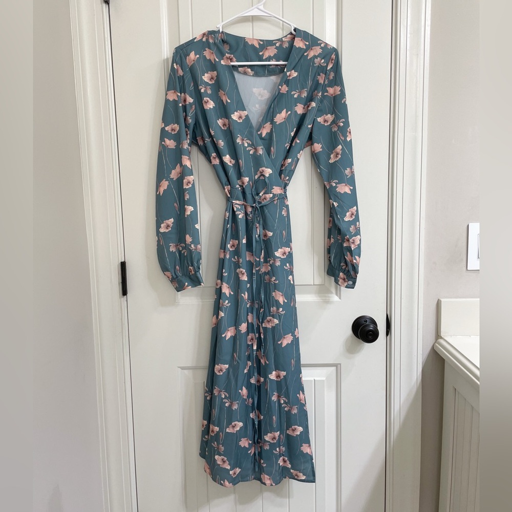 SHEIN Dazy Floral Wrap Dress Teal Green Pink Long Sleeve Size M